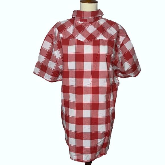 EXPRESS Men’s Size XL Cotton Fitted Plaid Snap Front Shirt Red And White Check - Picture 6 of 9